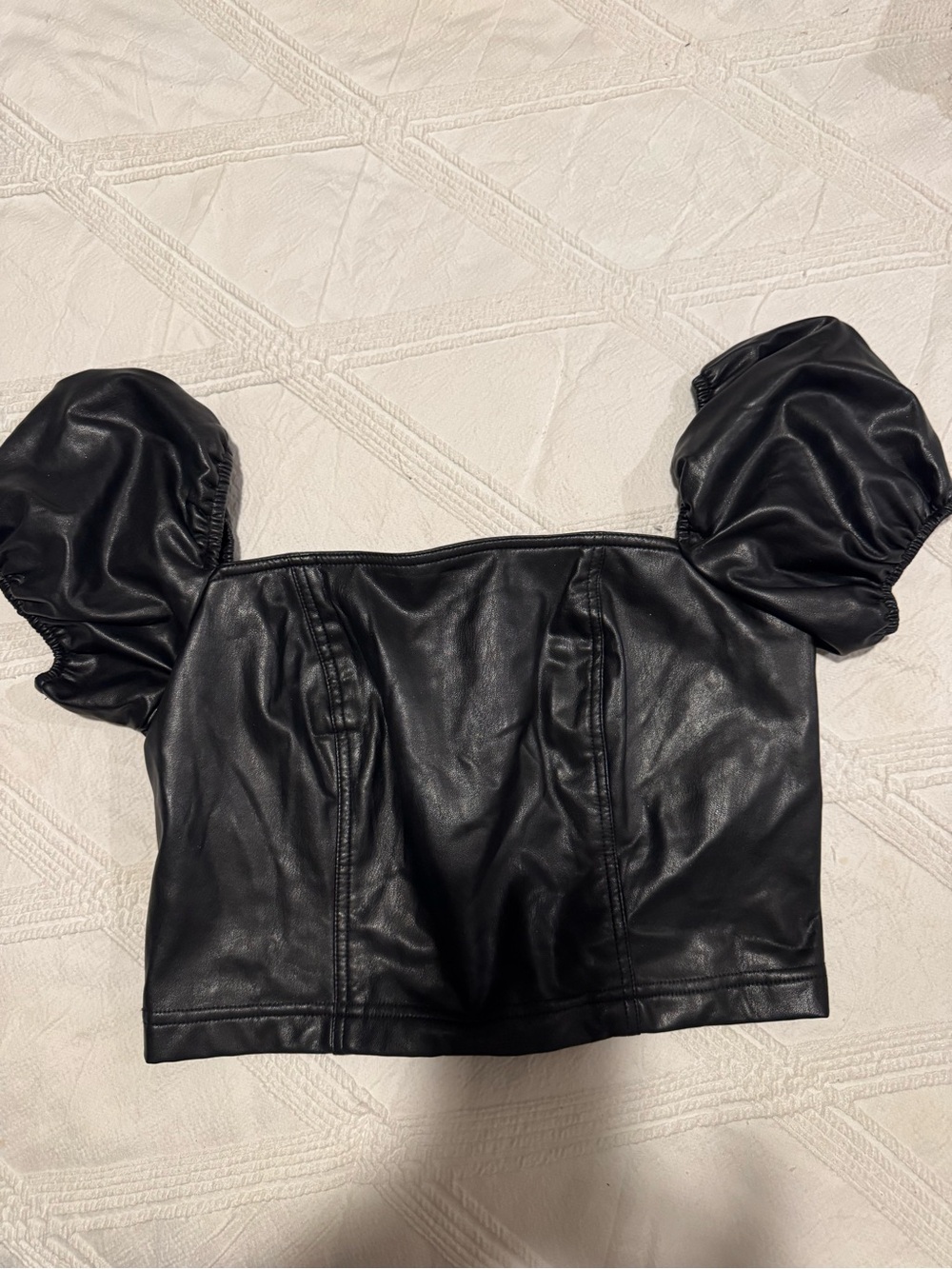 7 For All Mankind Black Faux Leather Puff-Sleeve Crop Top